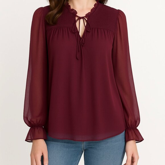 1. State Tops - Smocked Blouse 1X Sheer Plum Ruffle Neck Tie Romantic Boho Dark Fairy Whimsigoth